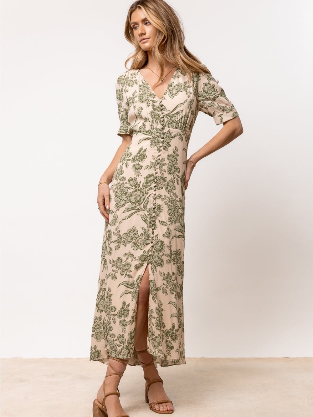 bohme Beige Maxi Dress with Green Botanical Print